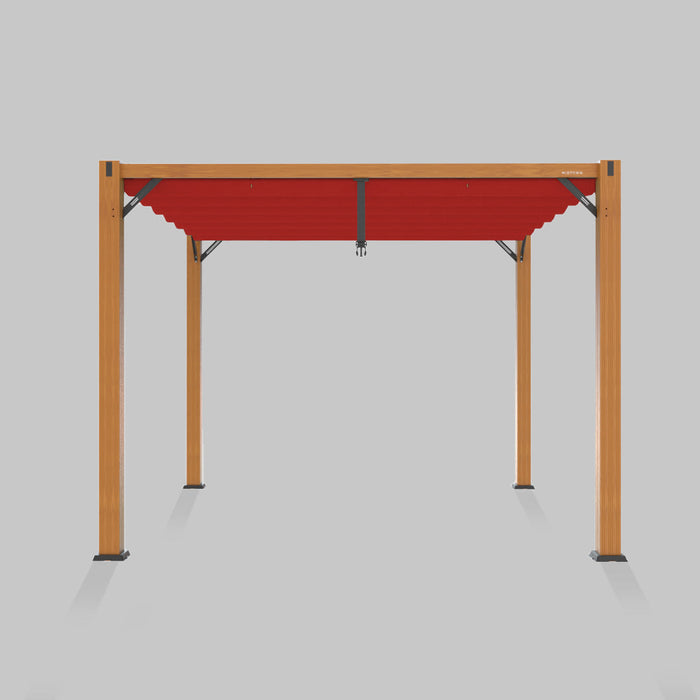 Midtown Modular pergola, wood frame, Sunbrella Red canopy