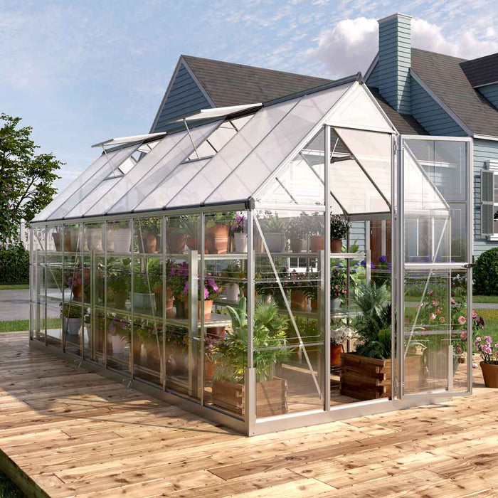 6' x 16' Crystal Clear Greenhouse, Aluminum Frame, Integrated Gutter System, Roof Vents — TMG-GH616