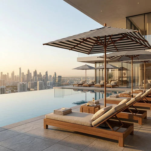 Midtown Bamboo umbrella over loungers at a rooftop pool