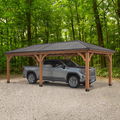 Barrington 24ft x 12ft cedar carport gazebo with pickup truck