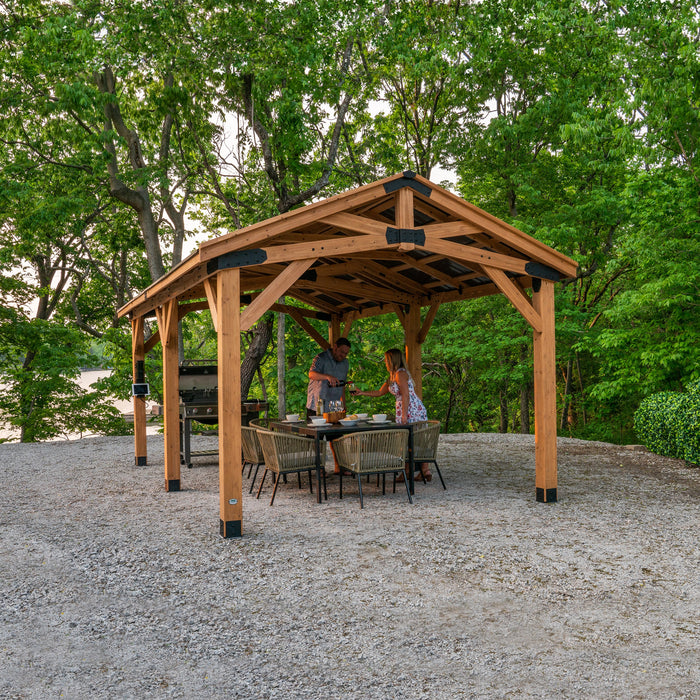Norwood 20ft x 12ft cedar gazebo furnished for outdoor dining