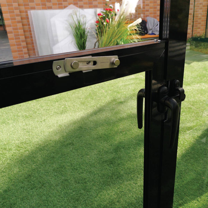 Double swing door handles on the TMG Nordic Series greenhouse