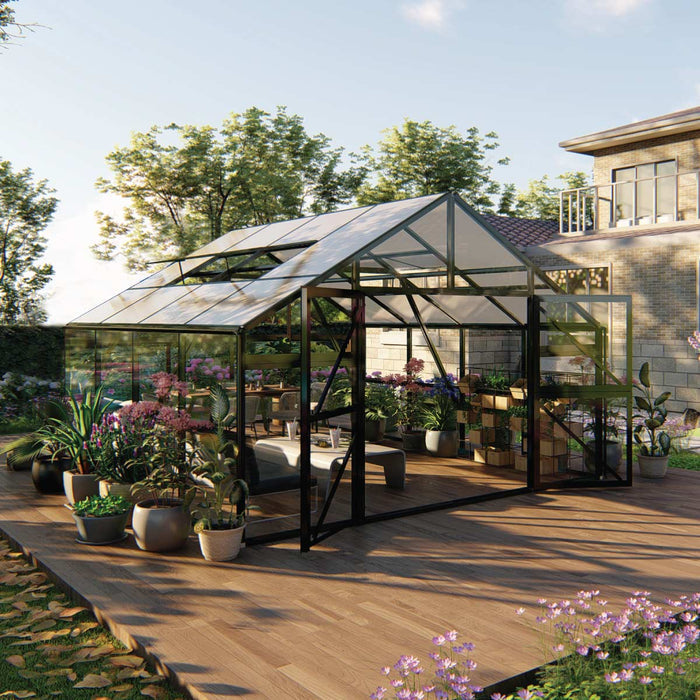 TMG Nordic Series 13 by 13 greenhouse shown from an exterior angle