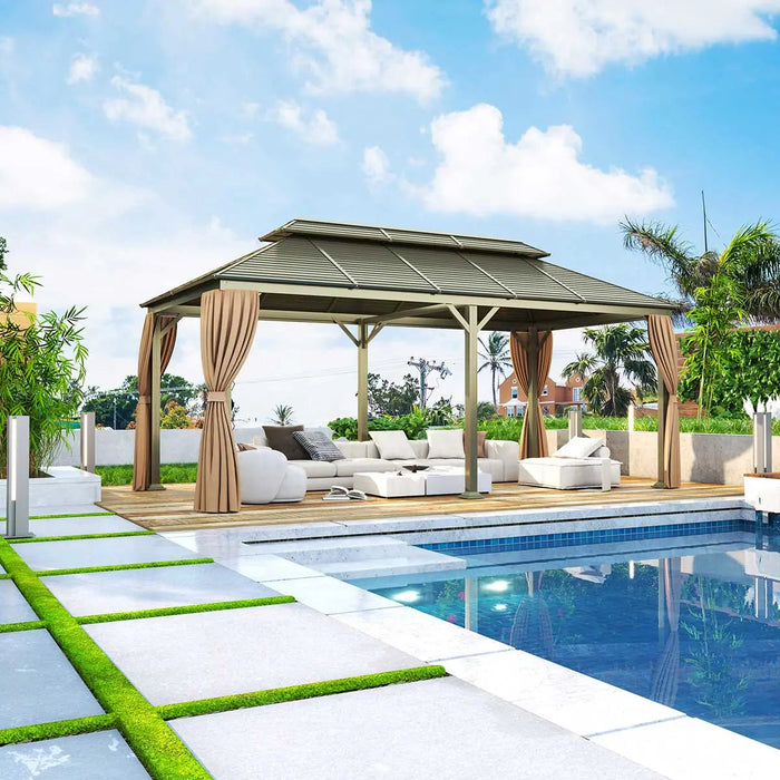Angled view of the TMG LGZ21 double-tier patio gazebo