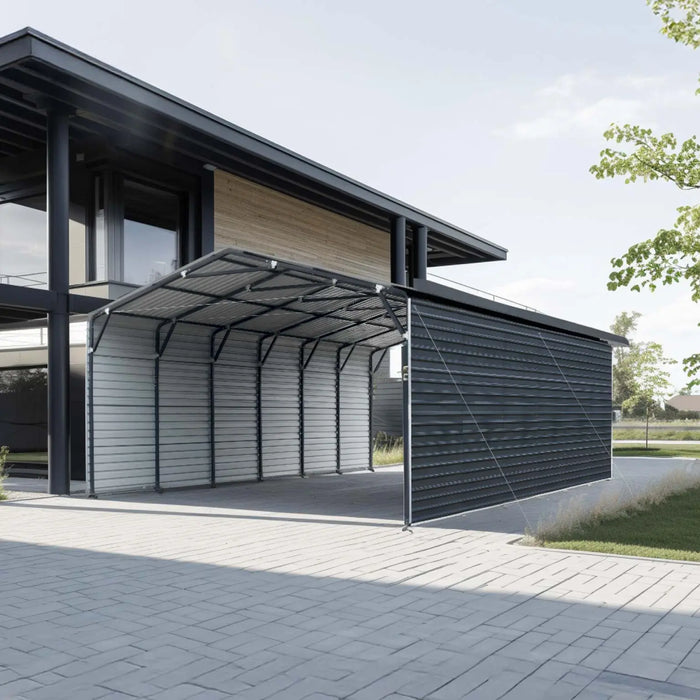 Angled view of TMG 20 by 30 enclosed metal carport shed