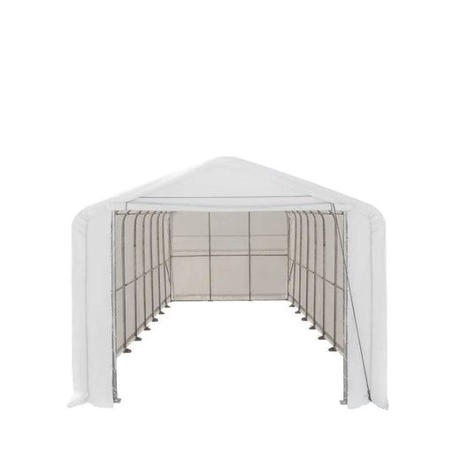 Front view of TMG ST1845 RV storage shelter with roll-up door