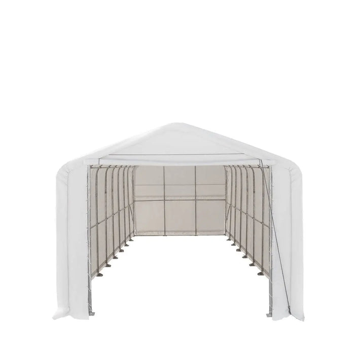 Front view of TMG ST1845 RV storage shelter with roll-up door